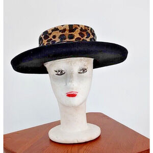 Deborah Rhodes Mocha Black Leopard Top 22 inch circumference Wool USA wire brim